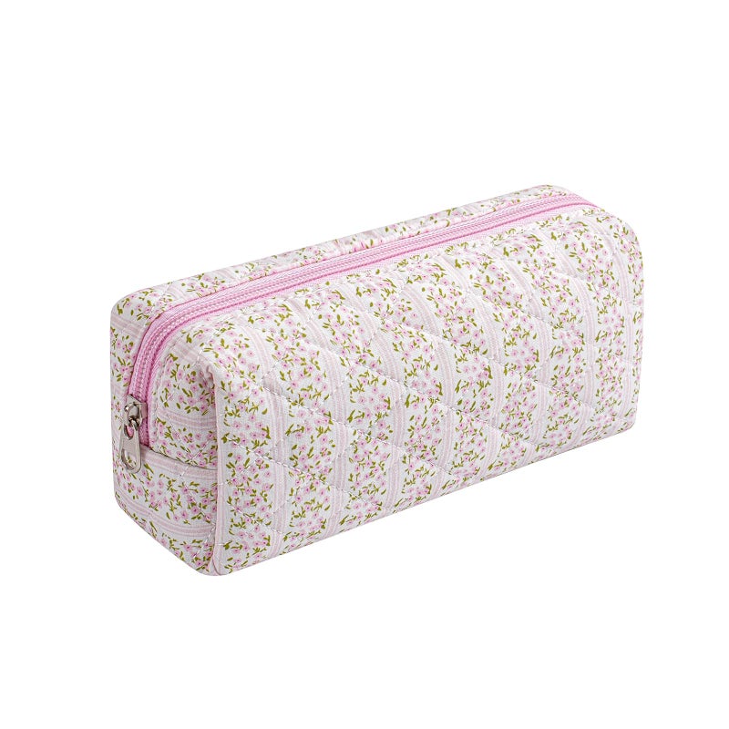 WHHJM Cute Floral Makeup Brush Bag Small Cotton Quilted Cosmetic Bag for Women Travel Toiletry Zipper Make Up Pouch (Pink Floral) - Image 1